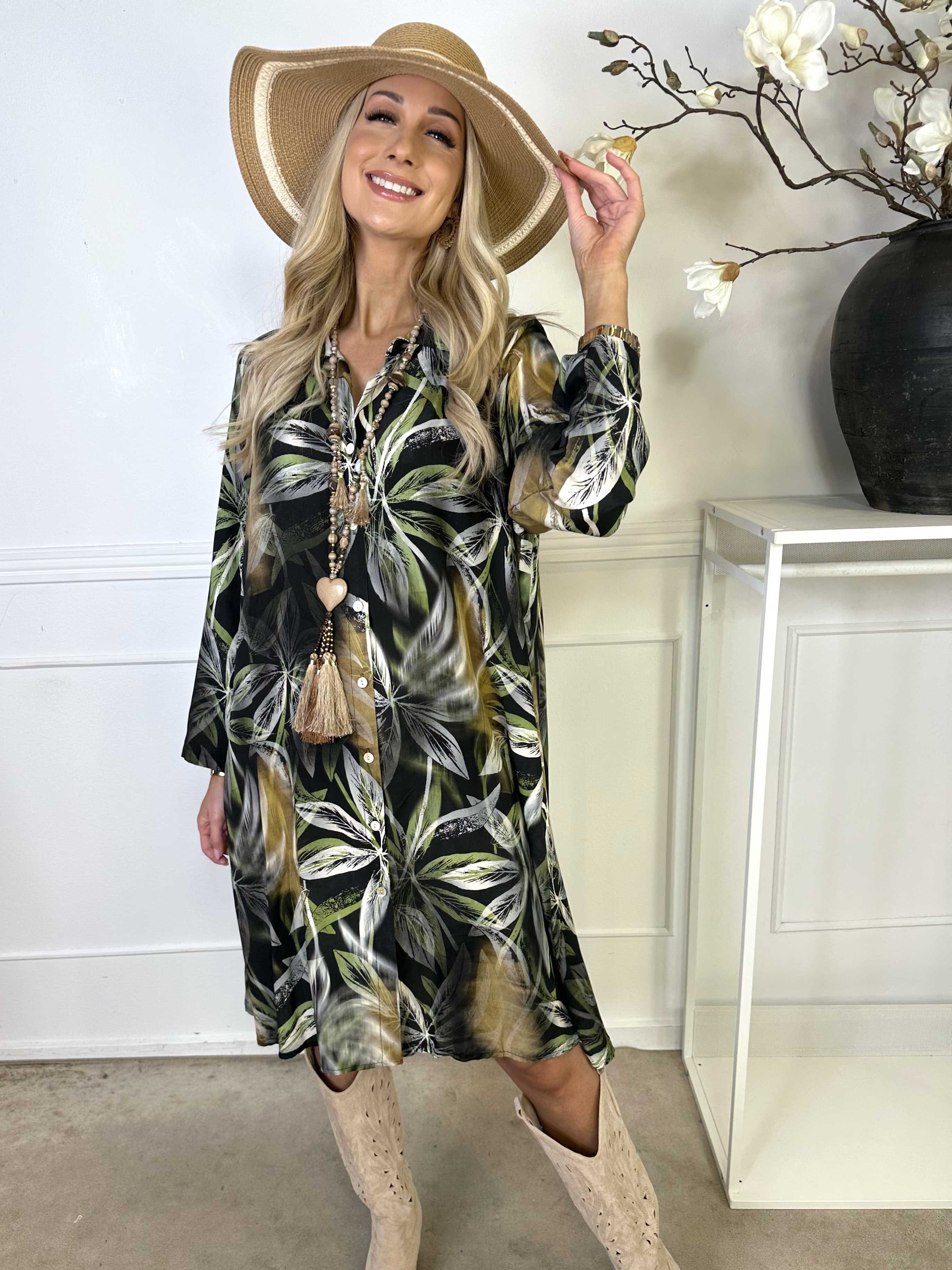 Iria - Skjortekjole i viskose med bladmotiver